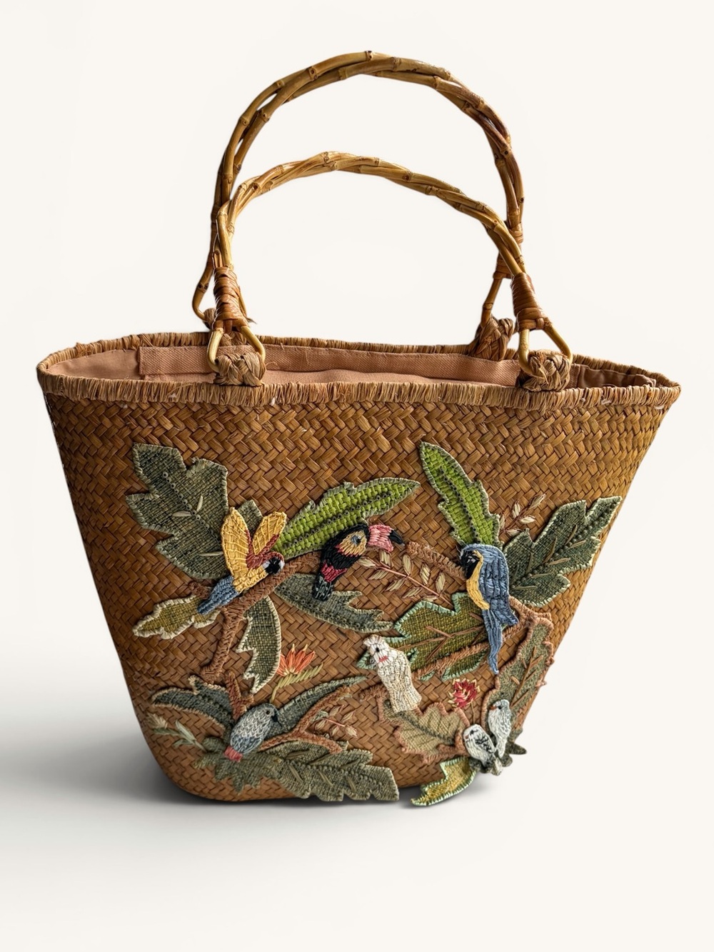 Vintage Cappelli Brown Straw Tote with Multicolor Parrot Embroidery - Picture 8 of 16